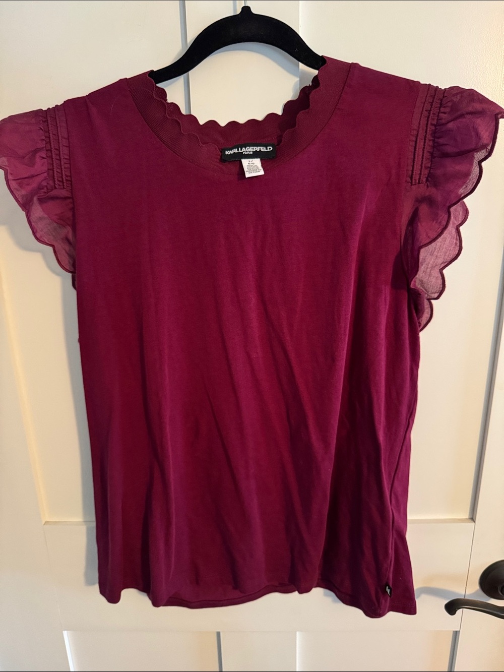 Karl Lagerfeld Flutter Sleeve Scallop Neck Top - Berry
